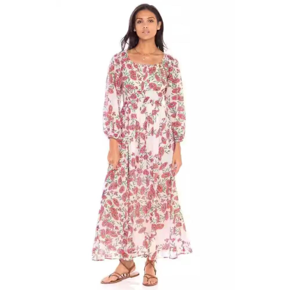Banjanan Womens Daffodil Maxi Dress Smocked Long Sleeve Dune Daisy White Small